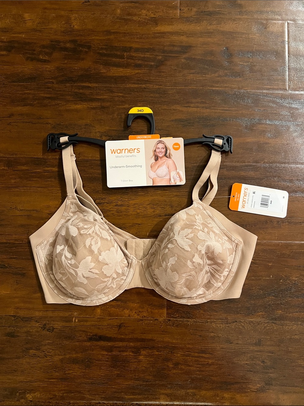 NWT Warner's Nude Floral Lace Underwire Unlined Underarm Smoothing Bra 34D